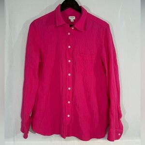 J‎ CREW Hot Pink Women's cotton Gauze button up long sleeve shirt Medium